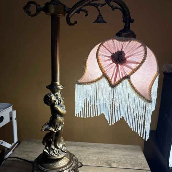 Vintage Cherub Bridge Arm Table Lamp Beaded Fringe Shade Victorian Boudoir Lamp - Picture 1 of 3
